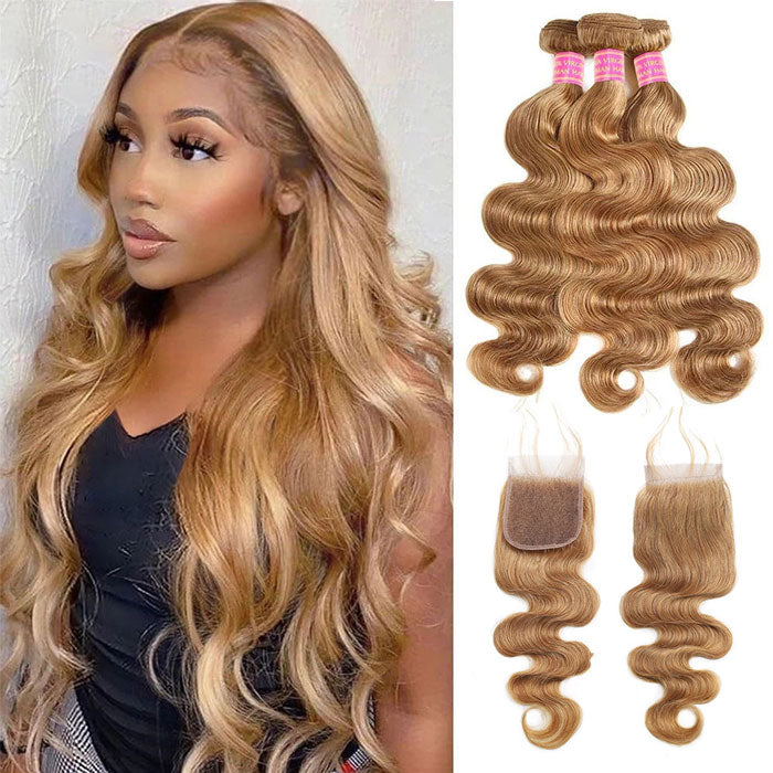 Honey Blonde Color 27 Body Wave Hair Bundles with Transparent Lace Closure Virgin Human Hair