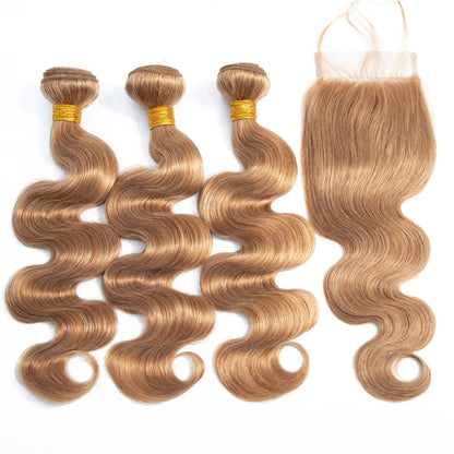 Honey Blonde Color 27 Body Wave Hair Bundles with Transparent Lace Closure Virgin Human Hair