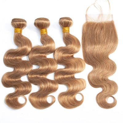 Honey Blonde Color 27 Body Wave Hair Bundles with Transparent Lace Closure Virgin Human Hair