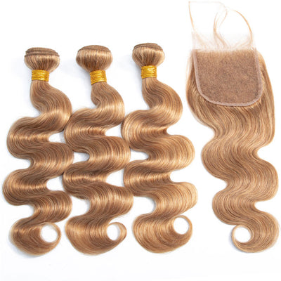 Honey Blonde Color 27 Body Wave Hair Bundles with Transparent Lace Closure Virgin Human Hair