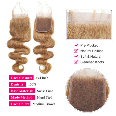 Honey Blonde Color 27 Body Wave Hair Bundles with Transparent Lace Closure Virgin Human Hair