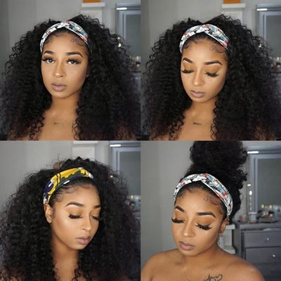 Jerry Curly Headband Wig Virgin Human Hair No Glue No Gel Headband Scarf Wig for Women