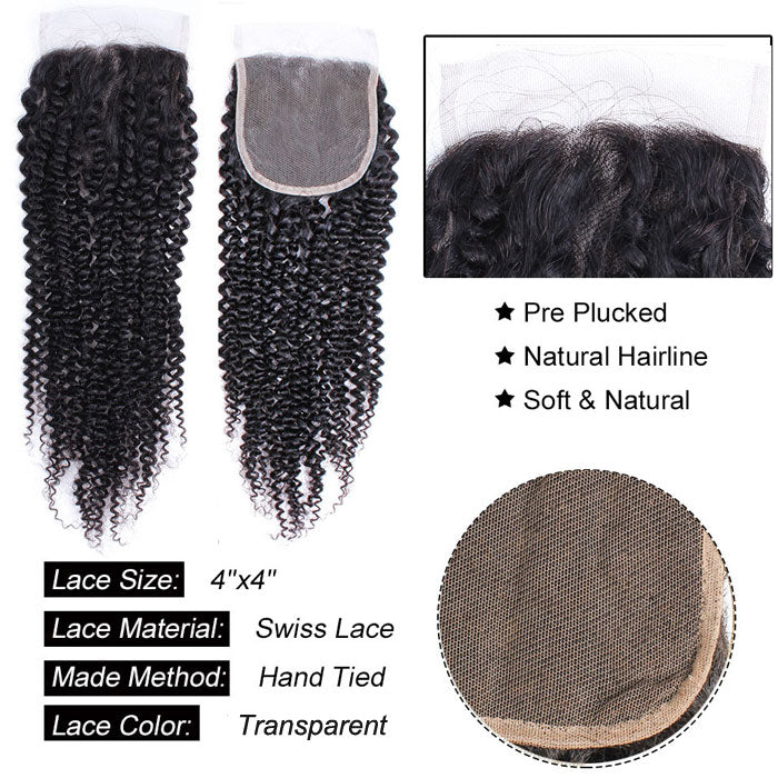 Kinky Curly Transparent Lace Closure with 3 or 4 Bundles Virgin Human Hair Weave Extensions