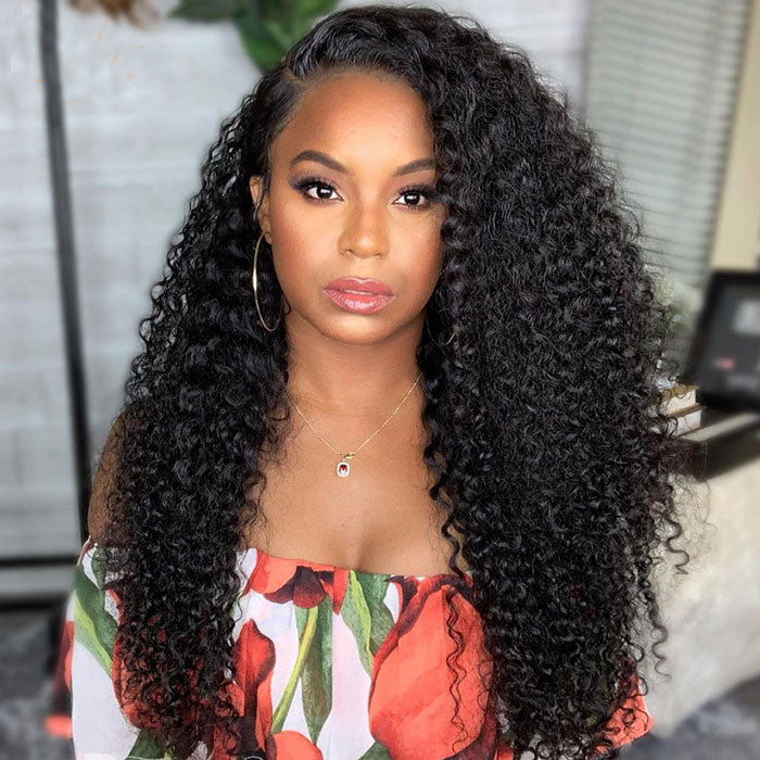 Kinky Curly Transparent Lace Closure with 3 or 4 Bundles Virgin Human Hair Weave Extensions
