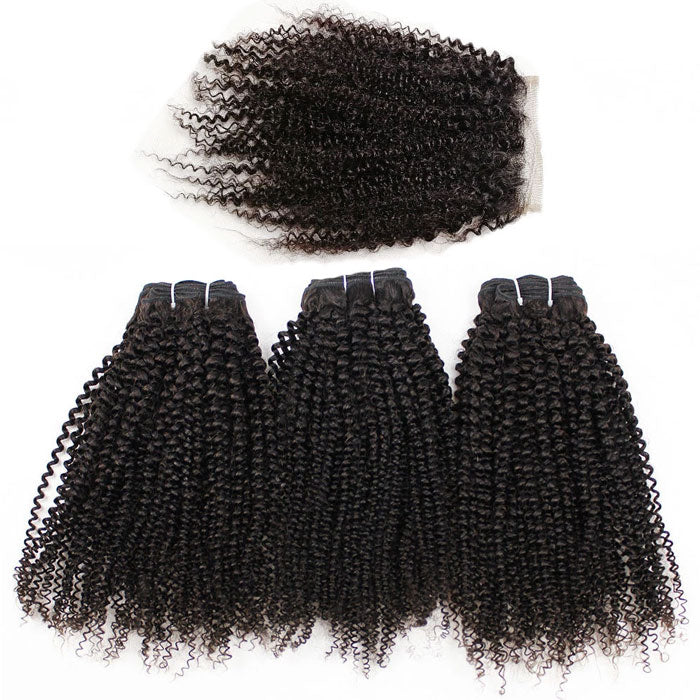 Kinky Curly Transparent Lace Closure with 3 or 4 Bundles Virgin Human Hair Weave Extensions