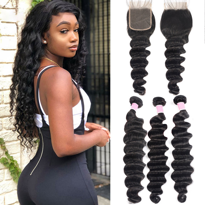 Loose Deep Wave Hair Bundles with Closure Transparent Lace Virgin Human Hair Weave