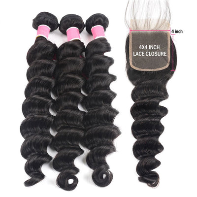 Loose Deep Wave Hair Bundles with Closure Transparent Lace Virgin Human Hair Weave