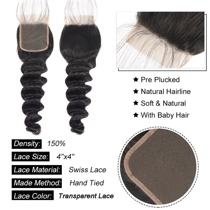 Loose Deep Wave Hair Bundles with Closure Transparent Lace Virgin Human Hair Weave
