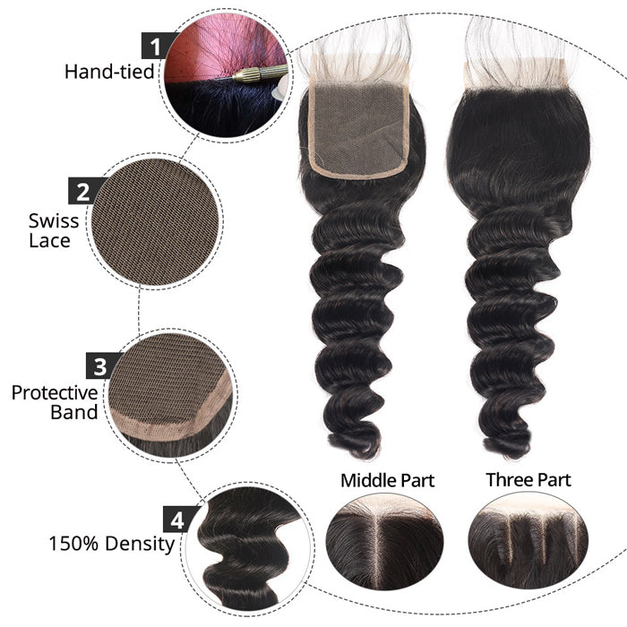 Loose Deep Wave Hair Bundles with Closure Transparent Lace Virgin Human Hair Weave