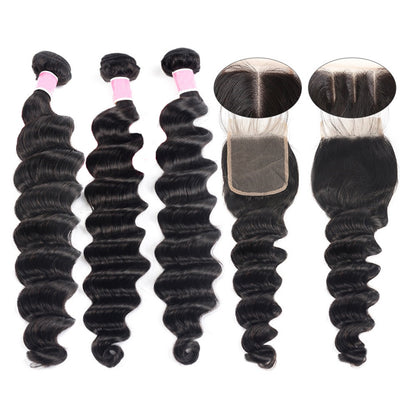 Loose Deep Wave Hair Bundles with Closure Transparent Lace Virgin Human Hair Weave