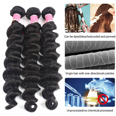 Loose Deep Wave Hair Bundles with Closure Transparent Lace Virgin Human Hair Weave