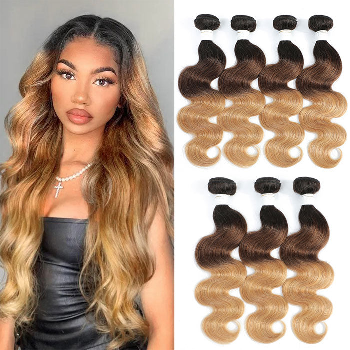 Ombre Human Hair Bundles 3 Tone Color T1B 4 27 Body Wave Hair Weave Extensions