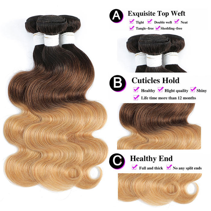 Ombre Human Hair Bundles 3 Tone Color T1B 4 27 Body Wave Hair Weave Extensions