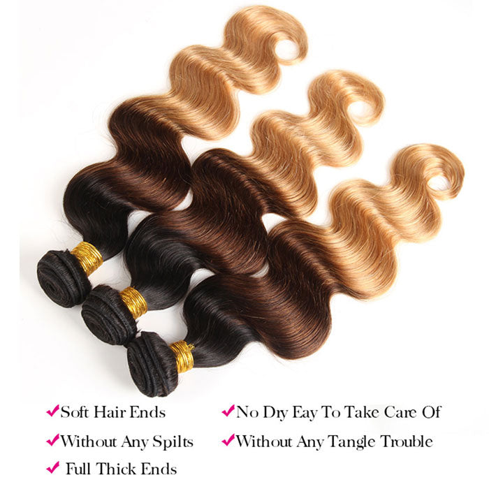 Ombre Human Hair Bundles 3 Tone Color T1B 4 27 Body Wave Hair Weave Extensions