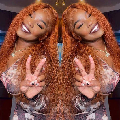 Orange Ginger Color Jerry Curly Transparent Lace Frontal Wig Human Hair for Women