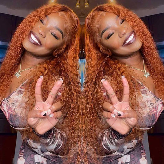 Orange Ginger Color Jerry Curly Transparent Lace Frontal Wig Human Hair for Women