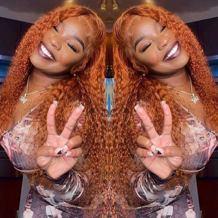 Orange Ginger Color Jerry Curly Transparent Lace Frontal Wig Human Hair for Women