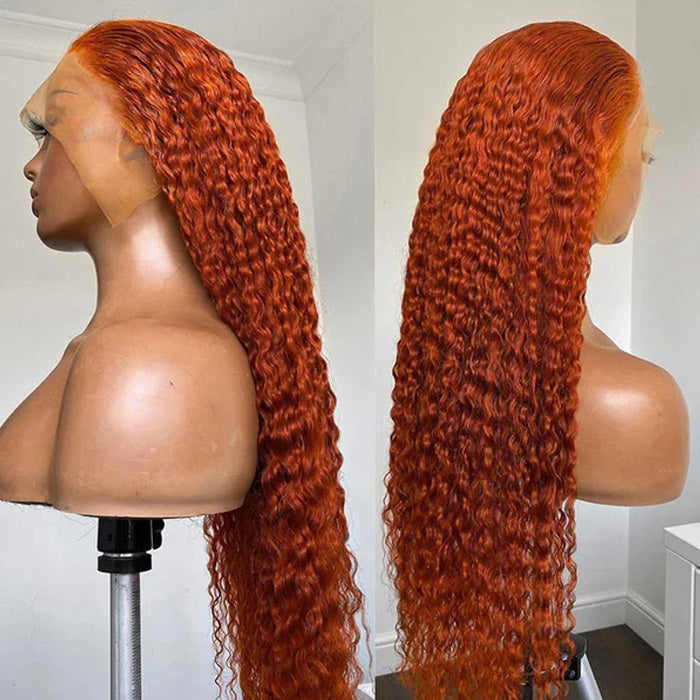 Orange Ginger Color Jerry Curly Transparent Lace Frontal Wig Human Hair for Women