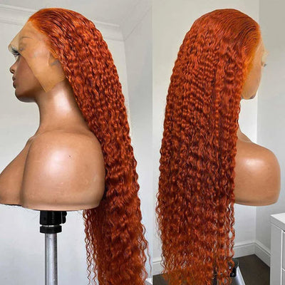 Orange Ginger Color Jerry Curly Transparent Lace Frontal Wig Human Hair for Women