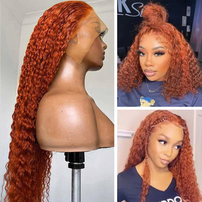 Orange Ginger Color Jerry Curly Transparent Lace Frontal Wig Human Hair for Women