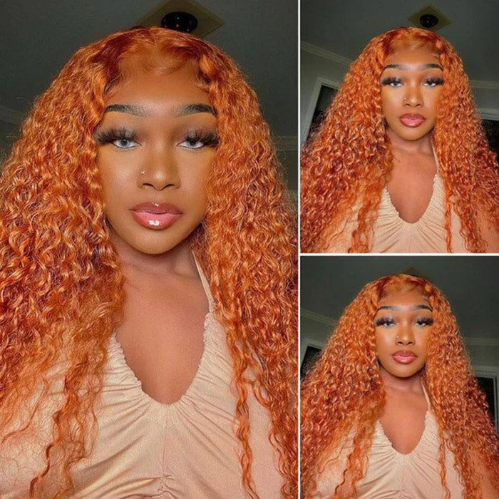 Orange Ginger Color Jerry Curly Transparent Lace Frontal Wig Human Hair for Women