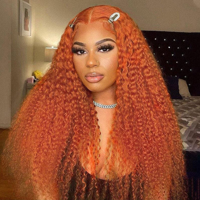 Orange Ginger Color Jerry Curly Transparent Lace Frontal Wig Human Hair for Women