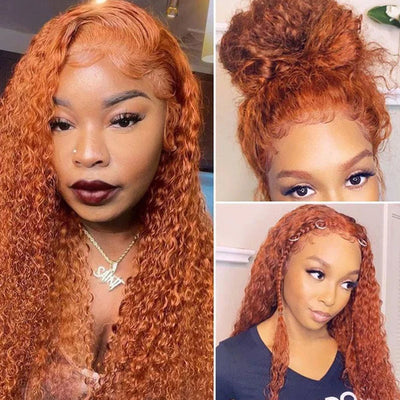 Orange Ginger Color Jerry Curly Transparent Lace Frontal Wig Human Hair for Women