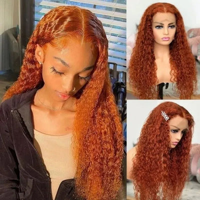 Orange Ginger Color Jerry Curly Transparent Lace Frontal Wig Human Hair for Women