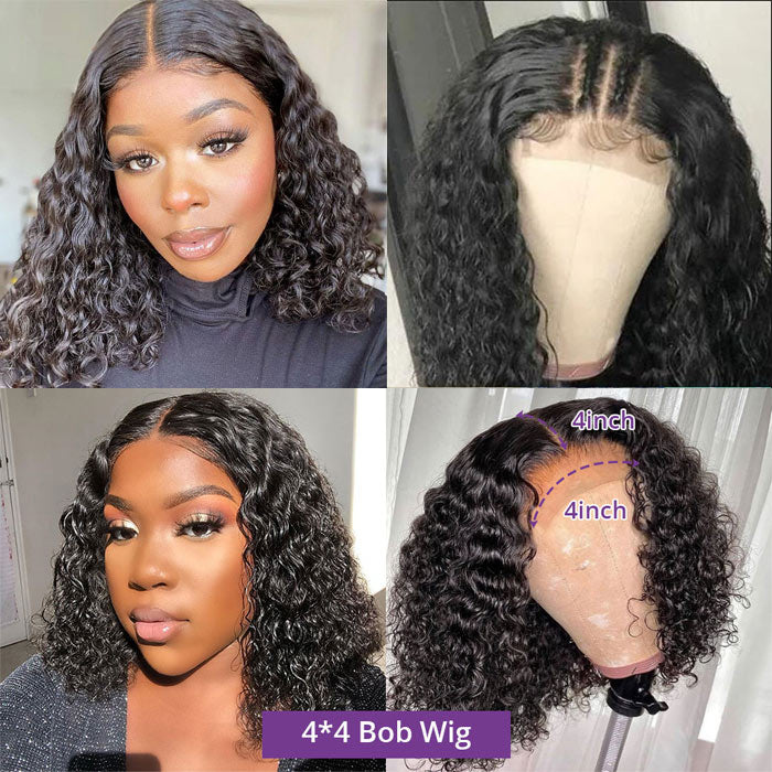 Short Bob 4x4 Lace Closure Wig Water Wave 8" to 14 Inches Virgin Human Hair Lace Wigs