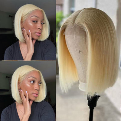 Silky Straight Honey Blonde Color 613 Lace Closure Wig Short Bob Virgin Human Hair