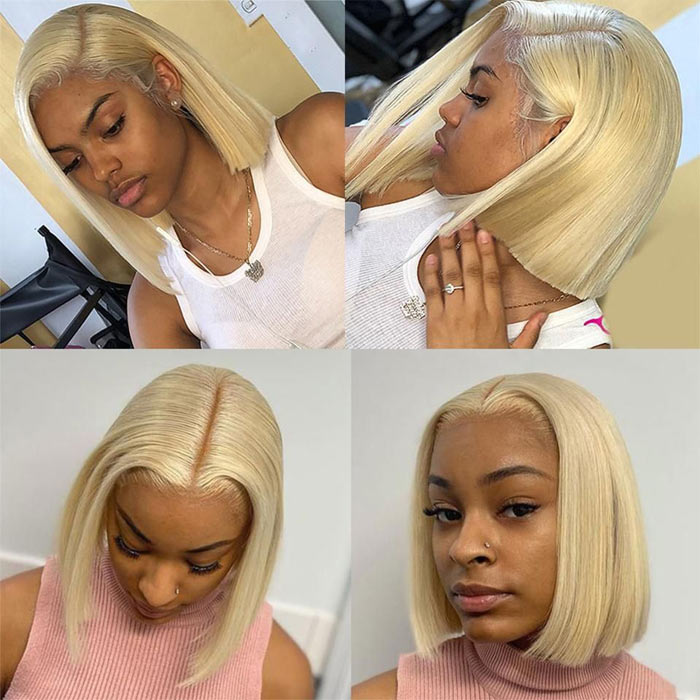 Silky Straight Honey Blonde Color 613 Lace Closure Wig Short Bob Virgin Human Hair