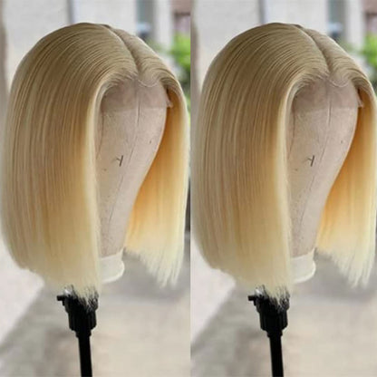 Silky Straight Honey Blonde Color 613 Lace Closure Wig Short Bob Virgin Human Hair