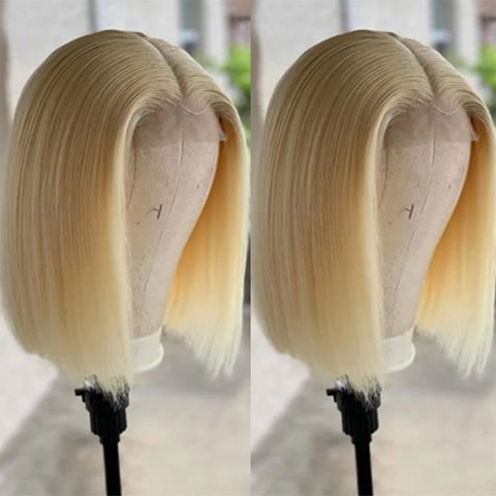 Silky Straight Honey Blonde Color 613 Lace Closure Wig Short Bob Virgin Human Hair