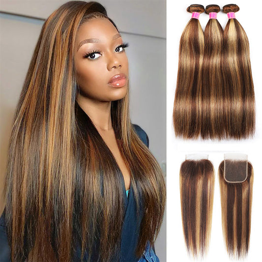 Straight Hair Bundles with Closure Ombre Highlight Piano Brown Color Lace Closure with Hair Weave