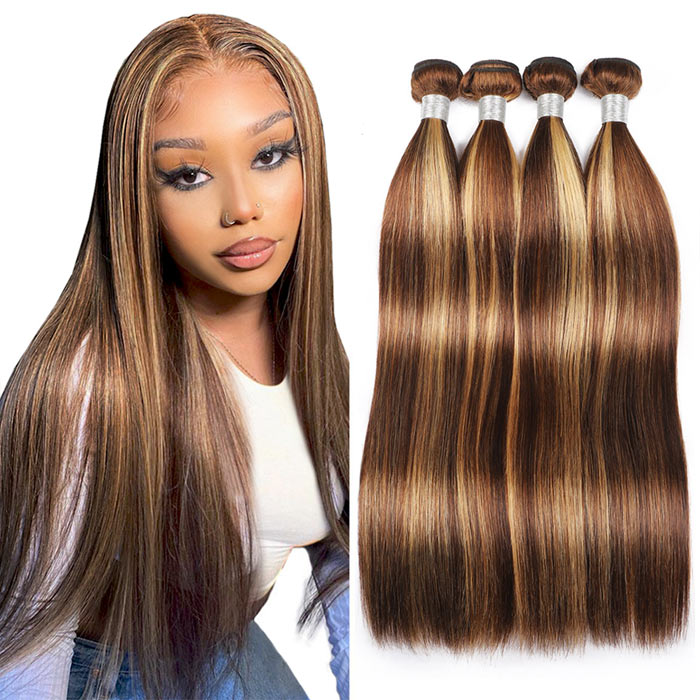 Straight Hair Bundles with Closure Ombre Highlight Piano Brown Color Lace Closure with Hair Weave