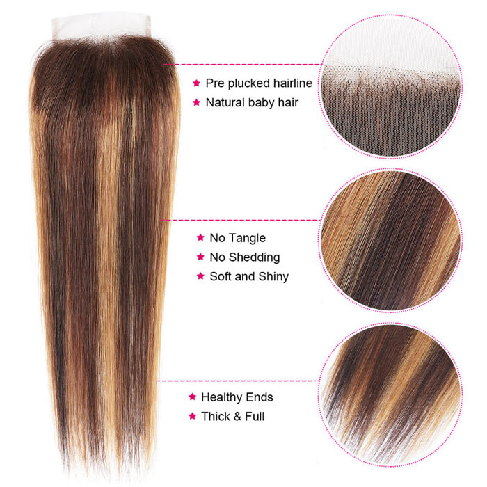 Straight Hair Bundles with Closure Ombre Highlight Piano Brown Color Lace Closure with Hair Weave
