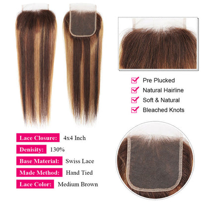 Straight Hair Bundles with Closure Ombre Highlight Piano Brown Color Lace Closure with Hair Weave