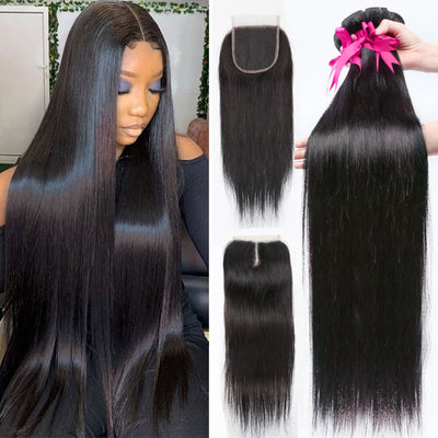 Straight Hair Bundles with Closure Pre Plucked Virgin Human Hair Transparent Lace Closure with Hair Weave