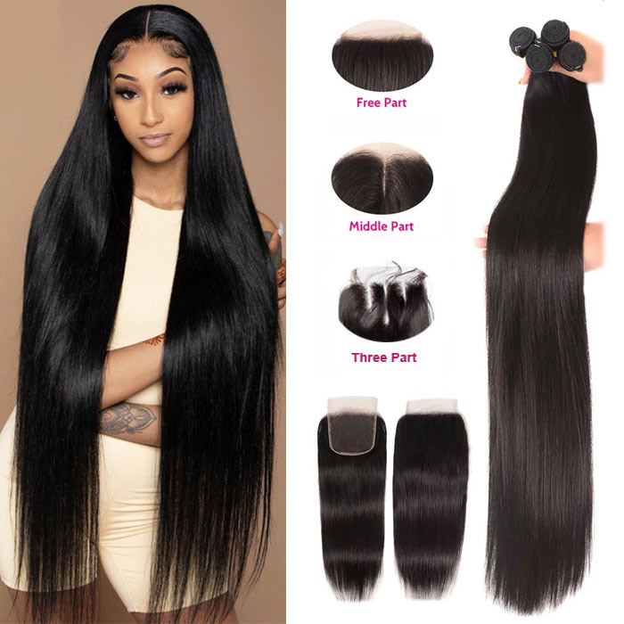 Straight Hair Bundles with Closure Pre Plucked Virgin Human Hair Transparent Lace Closure with Hair Weave