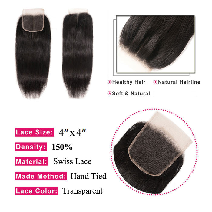 Straight Hair Bundles with Closure Pre Plucked Virgin Human Hair Transparent Lace Closure with Hair Weave