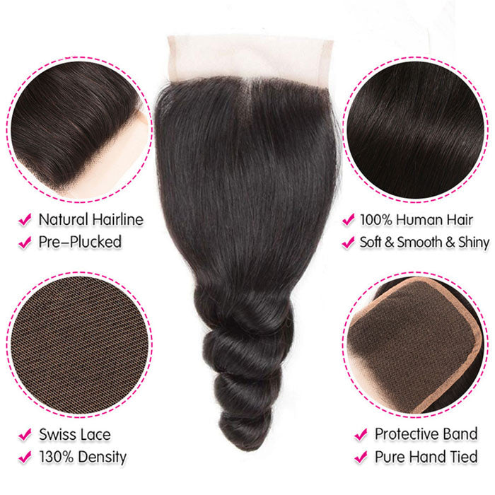 Transparent Lace Closure with Hair Weave Loose Wave 100% Virgin Human Hair Bundles with Closure