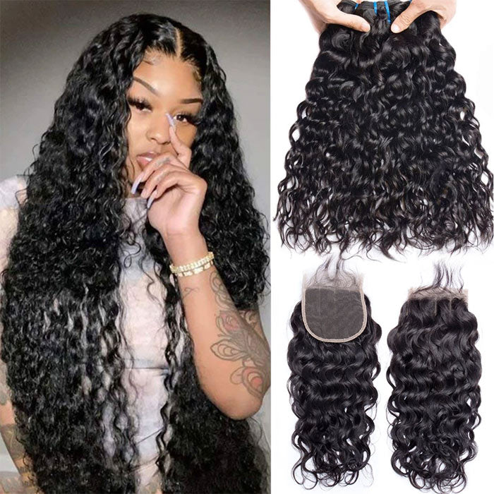 Transparent Lace Closure with Bundles Water Wave Virgin Human Hair Weave with Closure Wet and Wavy