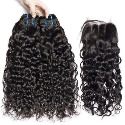 Transparent Lace Closure with Bundles Water Wave Virgin Human Hair Weave with Closure Wet and Wavy