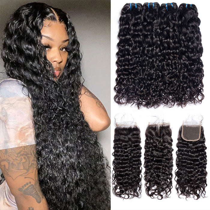 Transparent Lace Closure with Bundles Water Wave Virgin Human Hair Weave with Closure Wet and Wavy