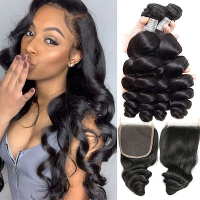 Transparent Lace Closure with Hair Weave Loose Wave 100% Virgin Human Hair Bundles with Closure