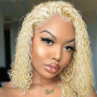 Water Wave Bob Lace Frontal Wig Virgin Human Hair Honey Blonde Color 613
