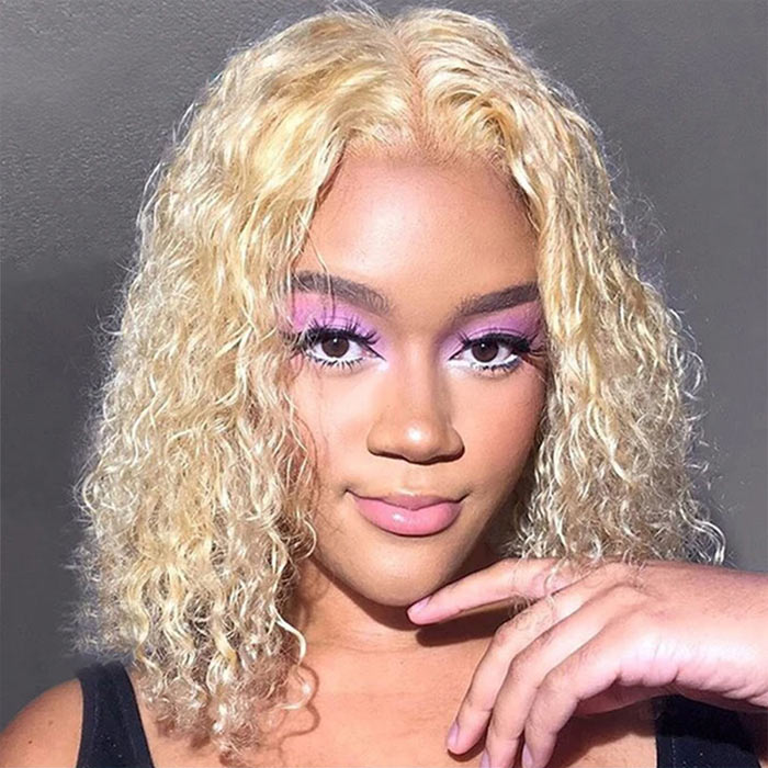 Water Wave Bob Lace Frontal Wig Virgin Human Hair Honey Blonde Color 613