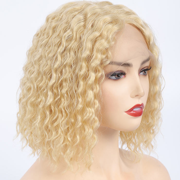 Water Wave Bob Lace Frontal Wig Virgin Human Hair Honey Blonde Color 613