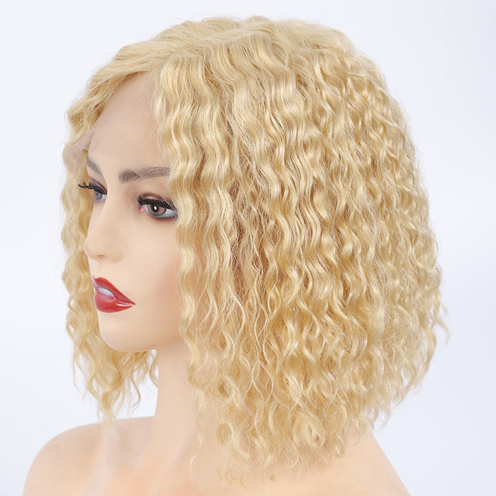 Water Wave Bob Lace Frontal Wig Virgin Human Hair Honey Blonde Color 613