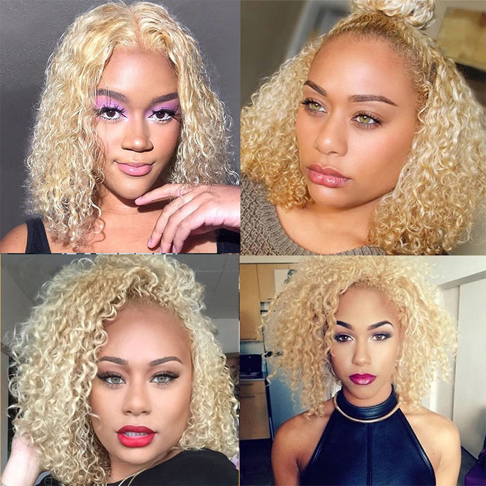 Water Wave Bob Lace Frontal Wig Virgin Human Hair Honey Blonde Color 613